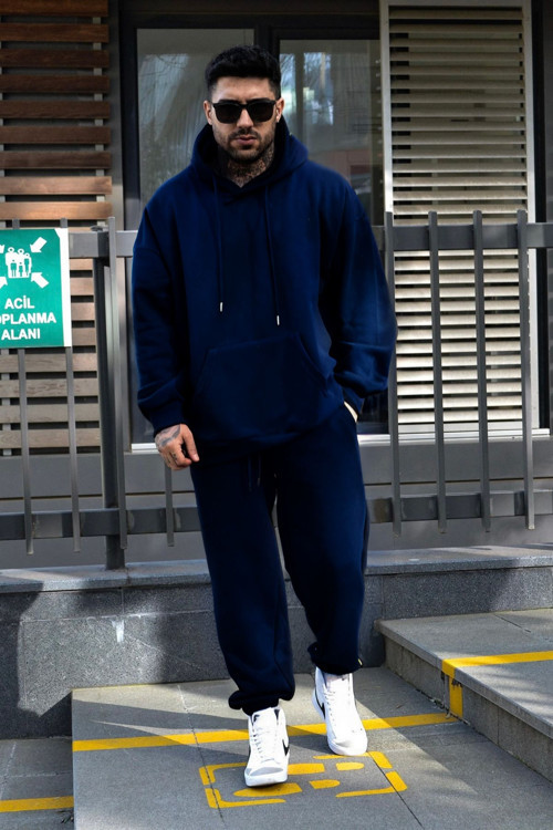 Erkek Kışlık Eşofman Takımı Lacivert 3 İplik İçi Polarlı Oversize