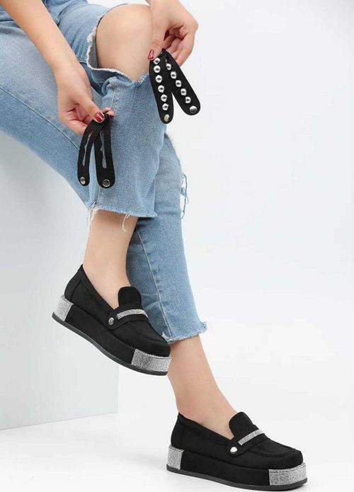 Platform Topuklu Taşlı Loafers Günlük Kadın Süet Siyah Ayakkabı