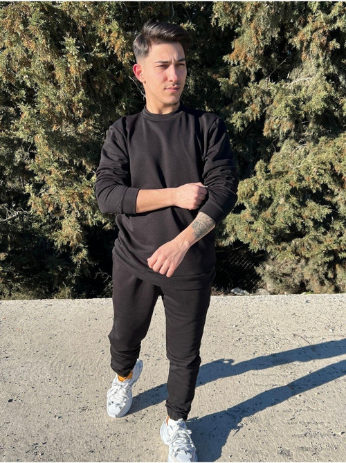 Erkek Siyah Bisiklet Yaka Eşofman Takımı Regular Fit