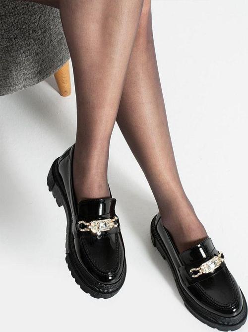Loafer Günlük Kadın Parlak Siyah Taş Detaylı Rahat Ayakkabı
