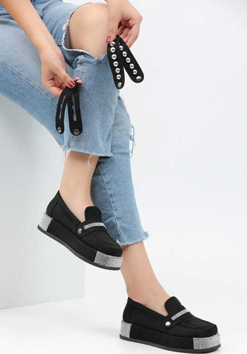 Loafers Platform Topuklu Taşlı Günlük Kadın Süet Siyah Ayakkabı