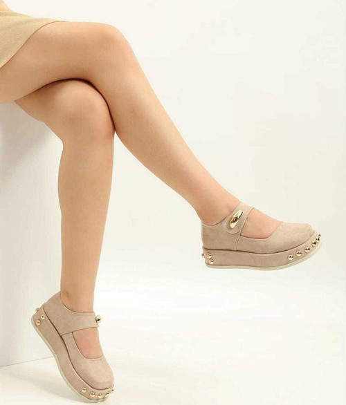 Platform Topuklu Loafers Günlük Kadın Süet Krem Ayakkabı