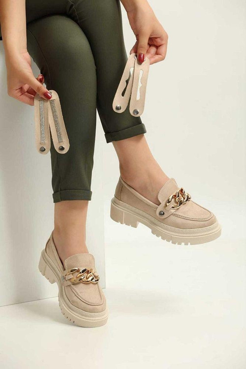 Tokası Değişebilen Loafers Günlük Kadın Süet Krem Ayakkabı