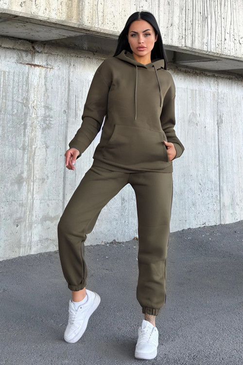 Kadın Oversize 3 İplik İçi Şardonlu Paçası Lastikli Kapüşonlu Kangur Cep Kalın Eşofman Takımı