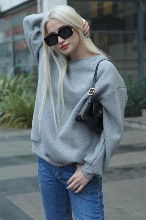 Kadın Gri Melanj Uzun Kollu Sweatshirt Bisiklet Yaka Oversize Basic