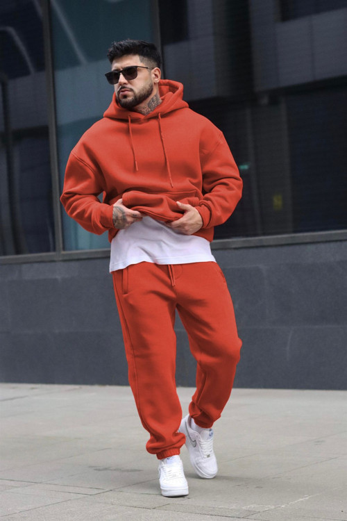 Erkek Kışlık Kiremit Eşofman Takımı 3 İplik İçi Polarlı Oversize