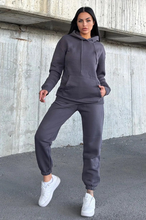 Kadın Oversize 3 İplik İçi Şardonlu Paçası Lastikli Kapüşonlu Kangur Cep Kalın Eşofman Takımı