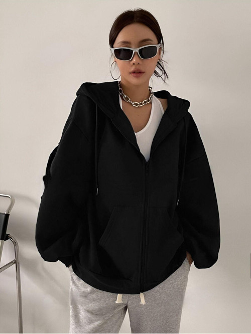 Kadın Siyah Fermuarlı Oversize 3İplik Polar Sweatshirt Hırka