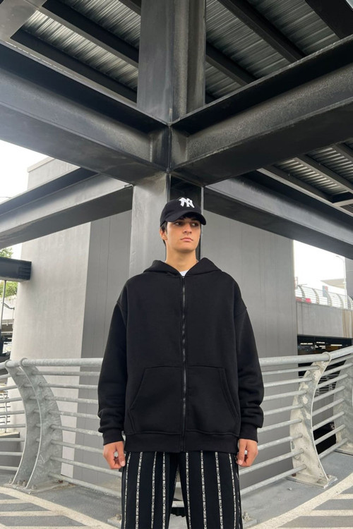 Erkek Siyah Bol Kalıp Basic Baskısız Düz Sweatshirt Hırka