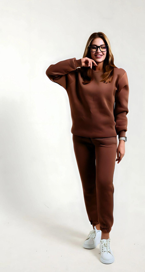 Sweatshirt Jogger Beli Ve Paçası Lastikli Kadın 3 İplik Eşofman Takımı Pamuklu