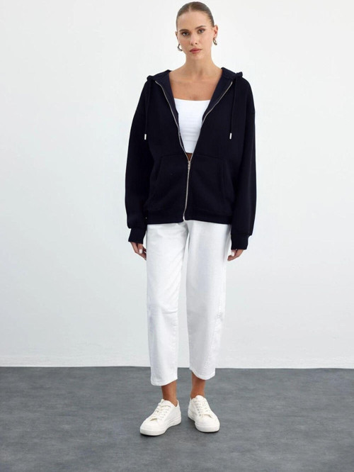 Kadın Fermuarlı Şardonlu Oversize Kapşonlu Hırka Sweatshirt
