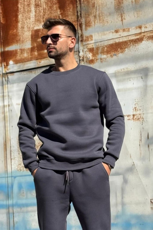 Erkek Oversize 3 İplik İçi Pamuklu Uzun Kollu Bisiklet Yaka Kazak