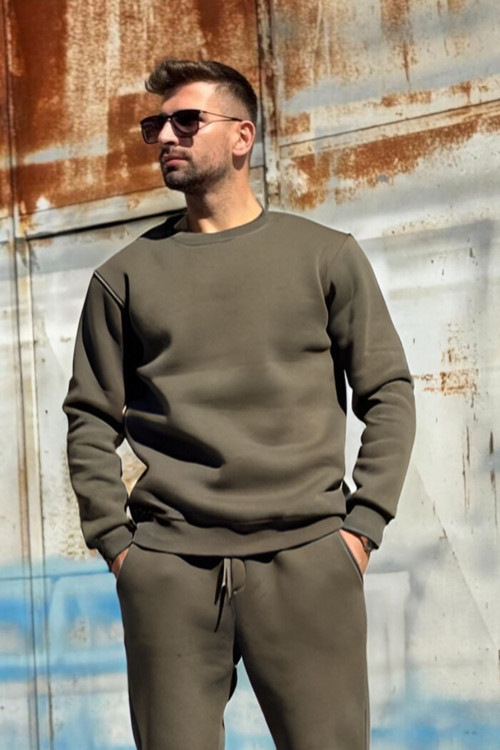 Erkek Oversize 3 İplik İçi Pamuklu Uzun Kollu Bisiklet Yaka Kazak