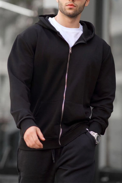 Erkek İnterlok İki İplik Mevsimlik Rahat Kapşonlu Kanguru Cepli Fermuarlı Hırka Sweatshirt
