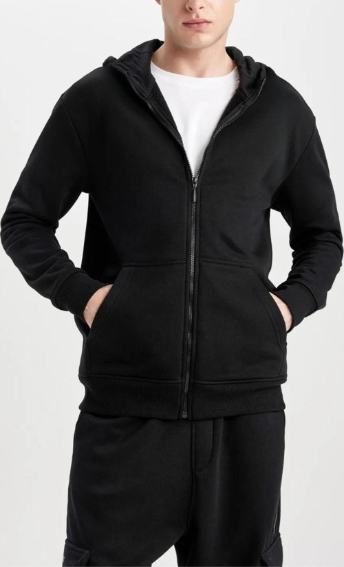 Erkek İnterlok İki İplik Mevsimlik Rahat Kapşonlu Kanguru Cepli Sweatshirt Fermuarlı Hırka