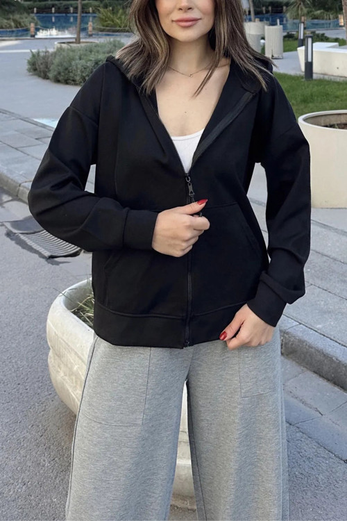 Kadın İnterlok İki İplik Mevsimlik Rahat Kapşonlu Kanguru Cepli Sweatshirt Fermuarlı Hırka