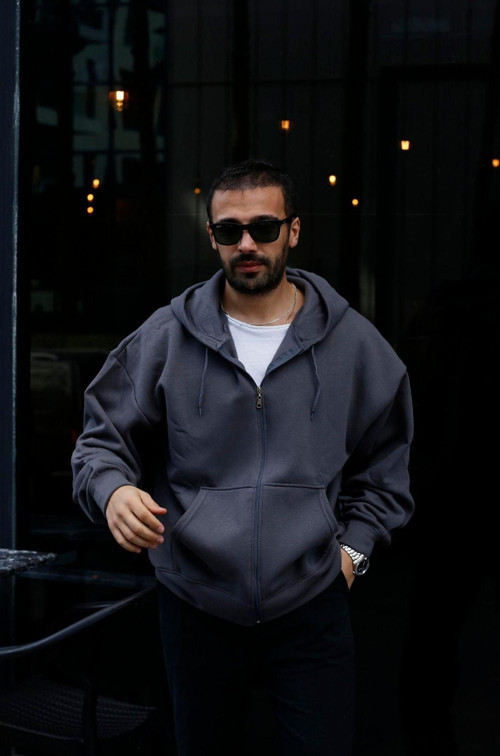 Erkek 3 İplik Smoked Tam Fermuarlı Hoodie Sweatshirt
