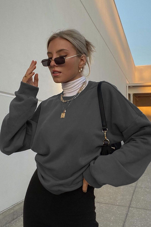Kadın Füme Uzun Kollu Sweatshirt Bisiklet Yaka Oversize Basic