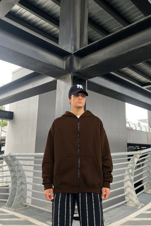 Erkek Kahverengi Bol Kalıp Basic Baskısız Düz Sweatshirt Hırka