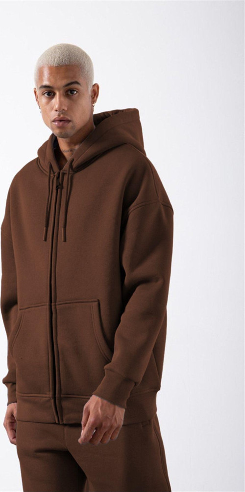 Erkek Kahverngi Fermuarlı Kapşonlu Kanguru Cep Basic Sweatshirt Hırka