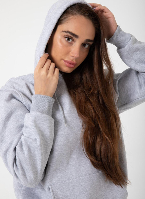 Kadın Gri Melanj İçi Polar Sweatshirt Kapşonlu Cepli Günlük Stil Oversize Gray Hoodie