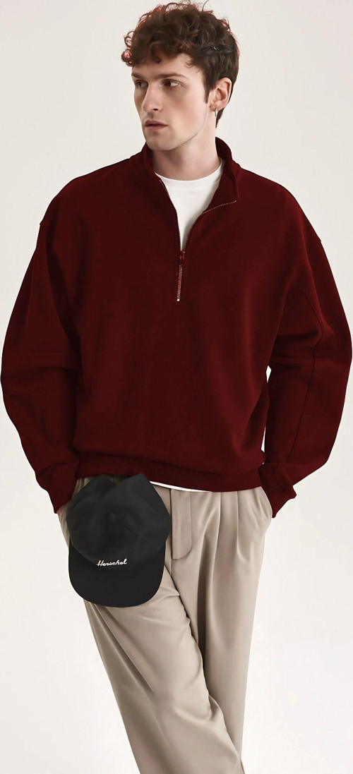 Erkek Yarım Fermuarlı Oversize Dik Yaka Sweatshirt Kazak