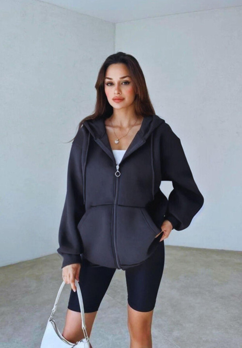 Kadın 3 İplik Oversize Kapüşonlu Fermuarlı Hırka Sweatshirt