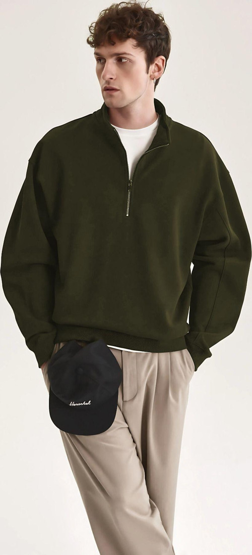 Erkek Yarım Fermuarlı Oversize Dik Yaka Sweatshirt Kazak
