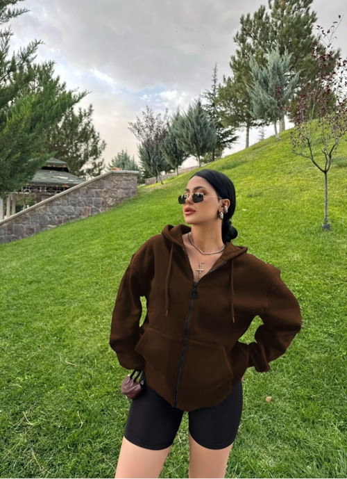 Kahverengi Kadın Düz Fermuarlı Oversize Hırka Sweatshirt