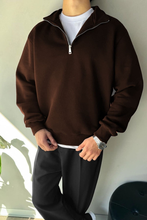 Erkek Yarım Fermuarlı Baskısız Düz Trend Model Sweatshırt Kazak