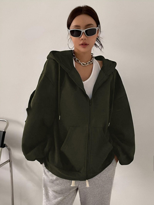 Kadın Haki Fermuarlı Oversize 3İplik Polar Sweatshirt Hırka