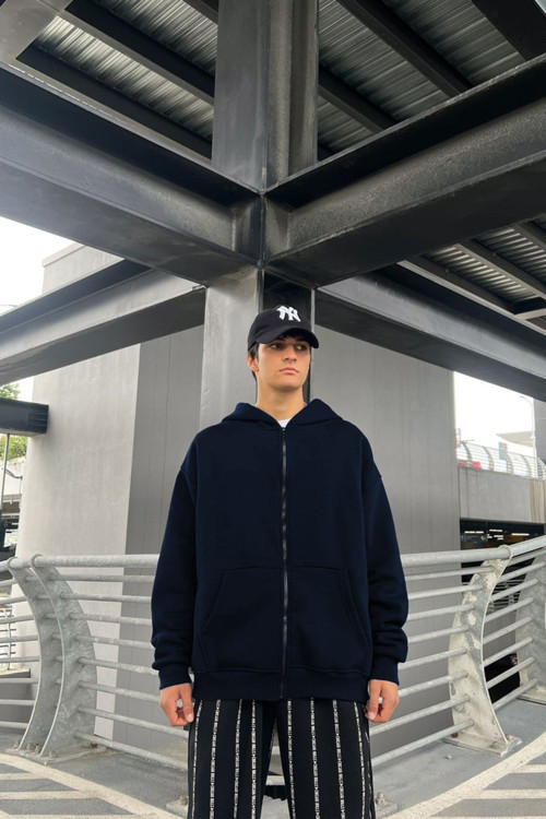 Erkek Laci̇Vert Bol Kalıp Basic Baskısız Düz Sweatshirt Hırka