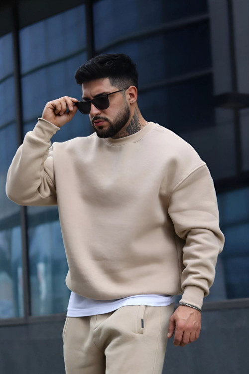 Erkek Oversize 3 İplik İçi Pamuklu Uzun Kollu Bisiklet Yaka Kazak