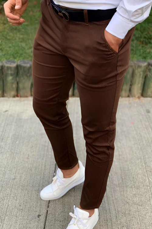 Erkek Kahverengi Dar Paça İtalyan Kesim Kemerli Kumaş Pantolon