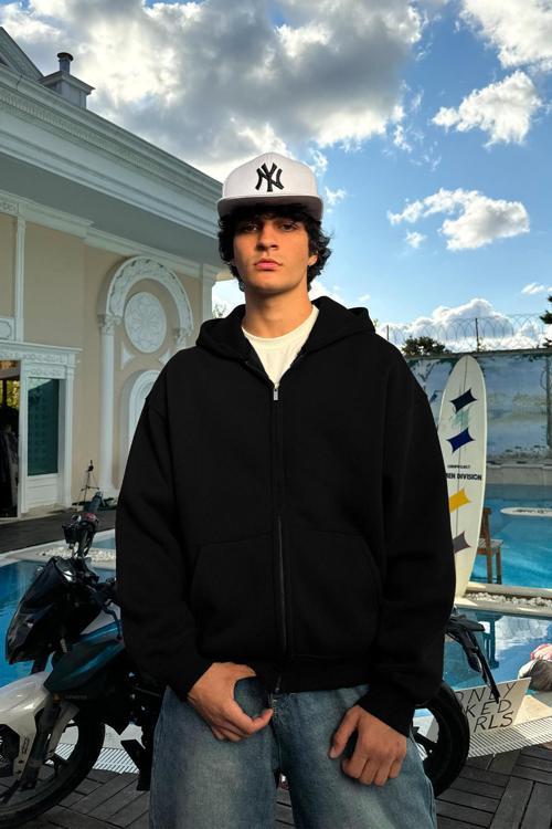 Erkek Siyah Fermuarlı Bol Kalıp Kalın Kışlık Geniş Hırka