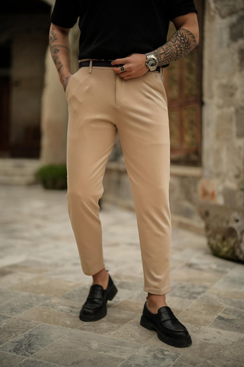 Erkek Bej İtalyan Kesim Kaliteli Esnek Likralı Bilek Boy Kumaş Pantolon