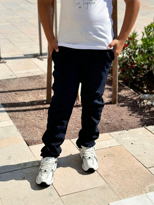 Unisex Lacivert Canvas Beli Lastikli Okul Pantolonu