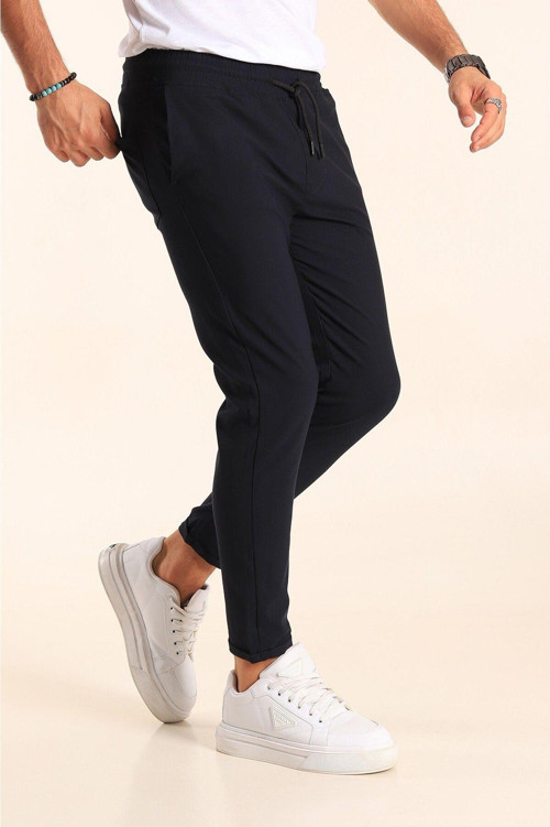 Erkek Lacivert Esnek Jogger Pantolon Beli Bağcıklı Duble Paça Yandan Cepli Likralı Dokuma Relaxedfit