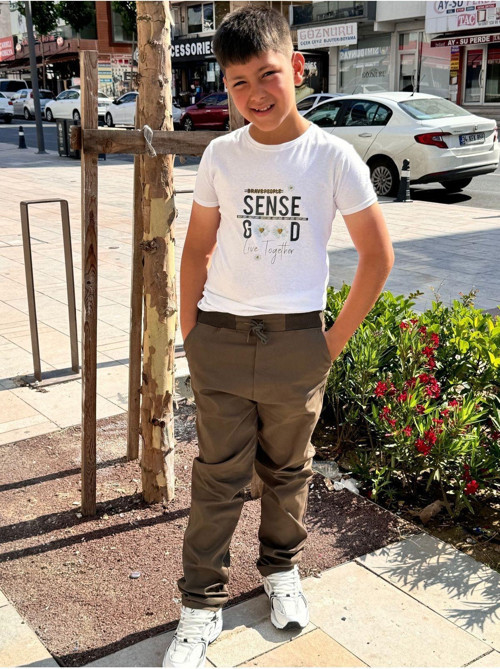 Çocuk Yeşil Gabardin Beli Ribana Lastikli Okul Pantolonu