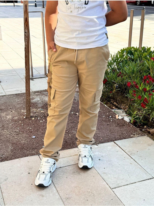 Unisex Krem Canvas Beli Lastikli Kargo Cepli Okul Pantolonu