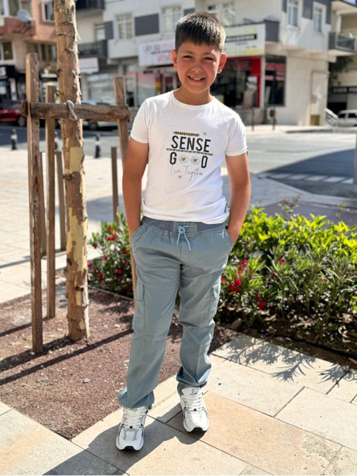 Çocuk Mavi Renk Gabardin Canvas Beli Lastikli 5 Cep Okul Pantolonu