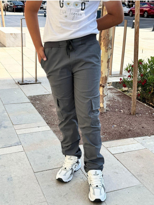 Unisex Füme Canvas Beli Lastikli Kargo Cepli Okul Pantolonu