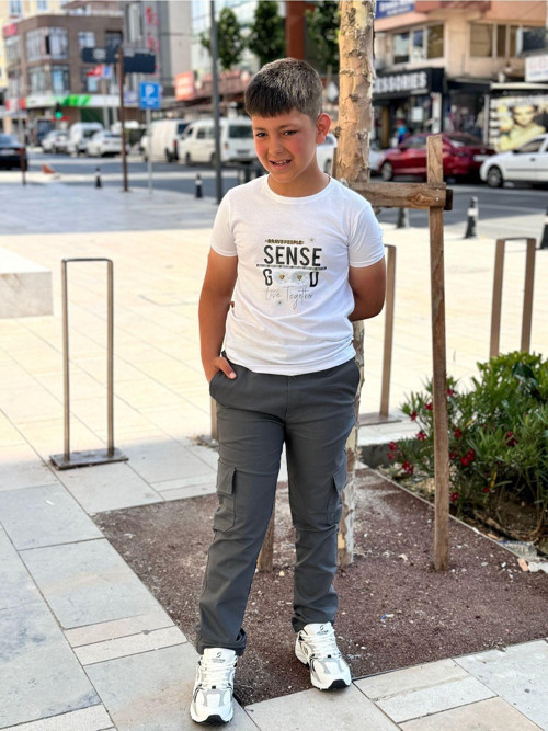 Çocuk Füme Renk Gabardin Canvas Beli Lastikli 5 Cep Okul Pantolonu
