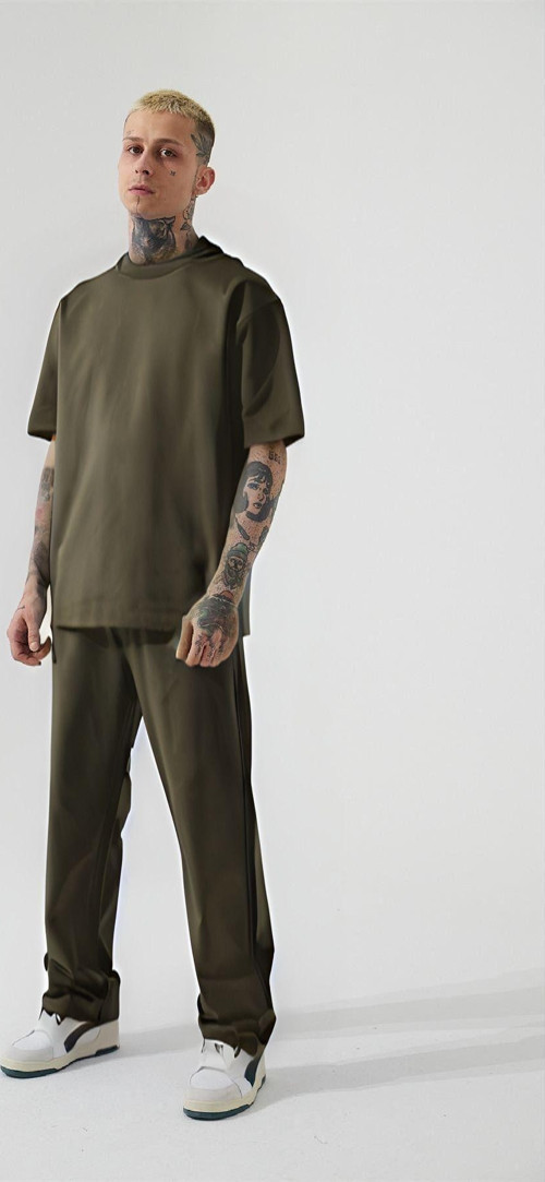Erkek Kısa Kollu Pijama Takımı Oversize Bisiklet Yaka Reşme Detaylı