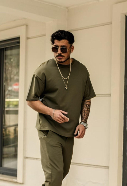 Erkek Kısa Kollu Pijama Takımı Bisiklet Yaka Salaş Oversize