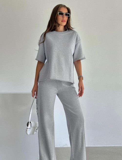 Kadın Gri Düğmesiz Kısa Kol Pamuklu Pijama Takımı