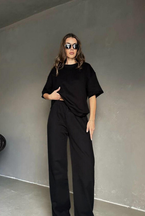 Kadın Siyah Düğmesiz Kısa Kol Pamuklu Pijama Takımı