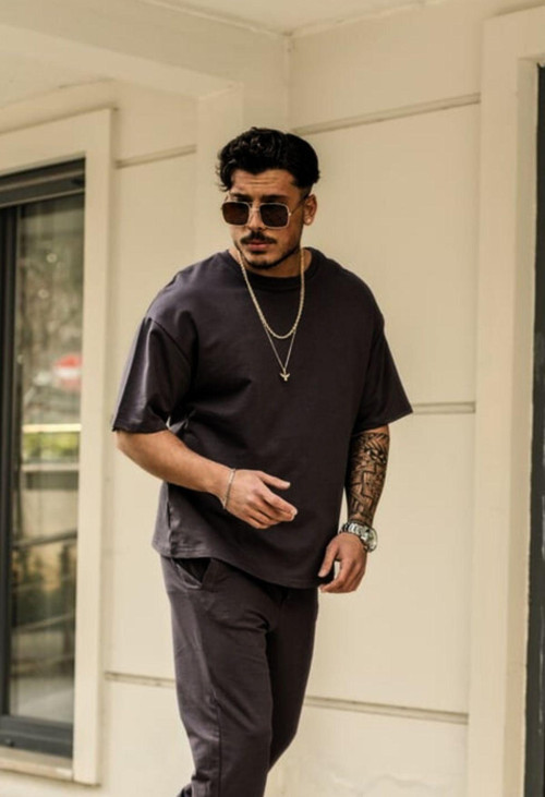 Erkek Kısa Kollu Pijama Takımı Bisiklet Yaka Salaş Oversize