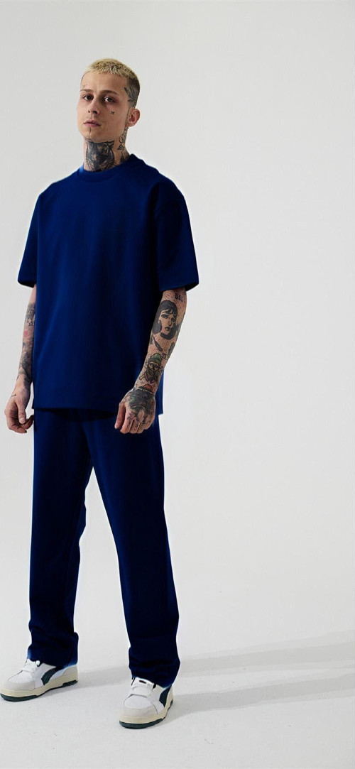 Erkek Lacivert Batik Rahat Penye Kısa Kollu Pijama Takımı