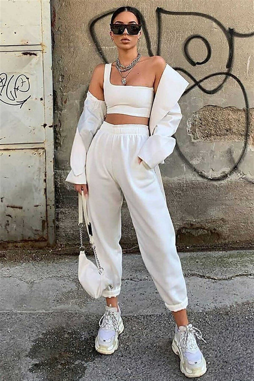 Kadın Beyaz Jogger Eşofman Altı Kalın İçi Polarlı Yüksek Bel Paçası Lastikli Basic Sweatpants